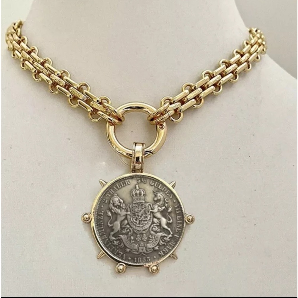 Gold Coin Necklace Pendant Large Statement Chunky Liberty Steampunk Chain Silver
